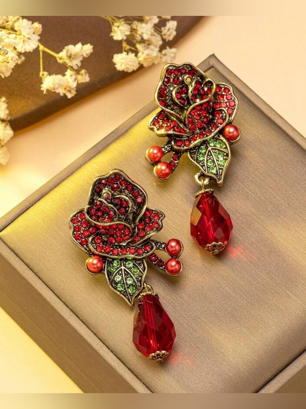 Red Rose Earrings Vintage Style Flower Rhinestone Bead Flamenco Jewelry Gift NEW - Picture 5 of 12